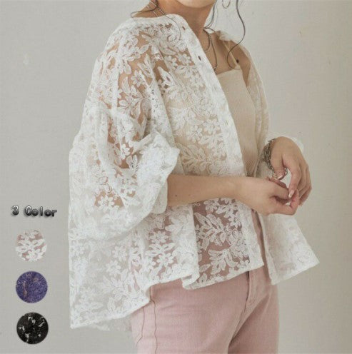 Lantern Sleeve Round Neck Lace Blouse