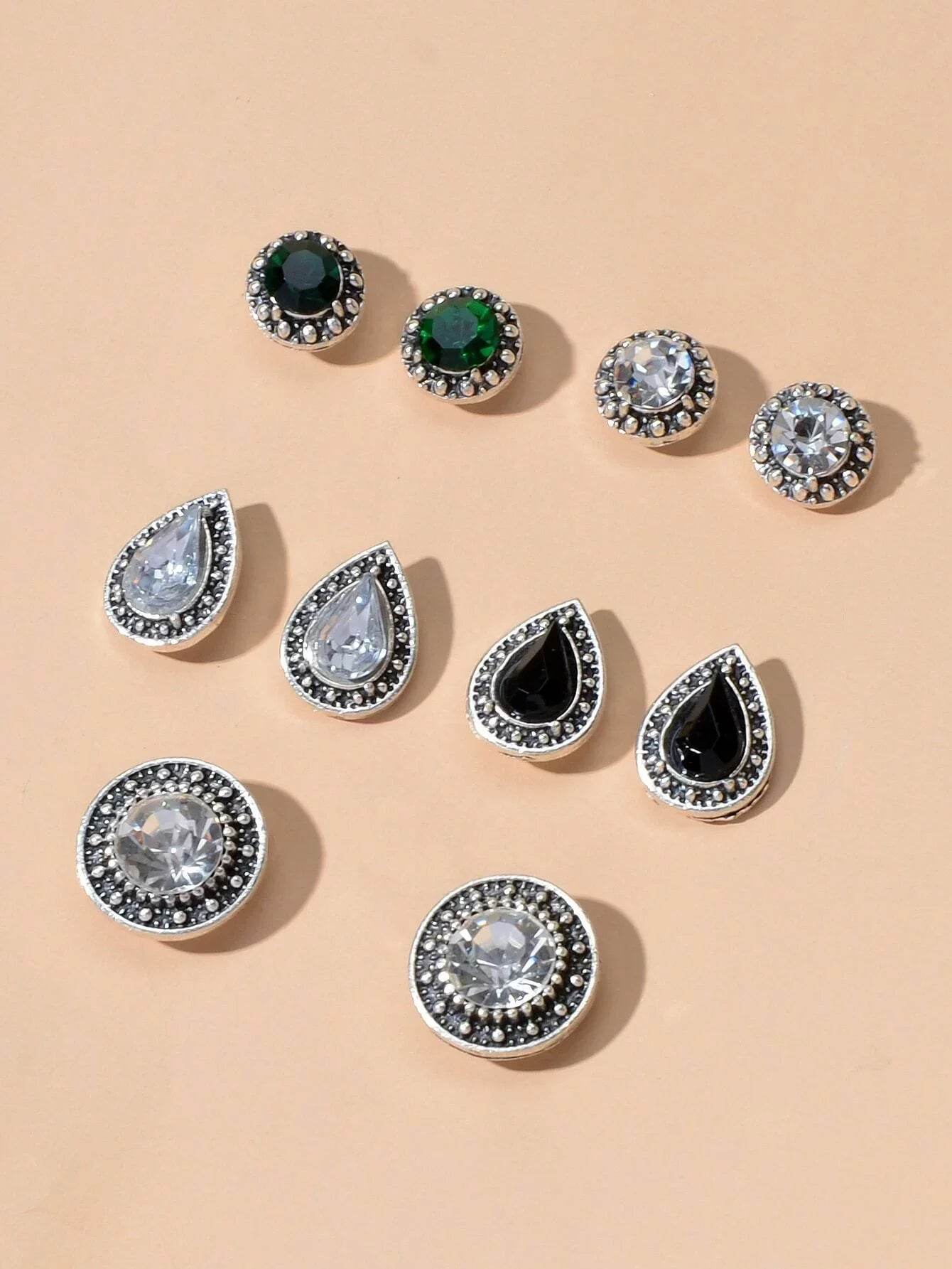 5 pairs Vintage Jewellery Shining Rhinestone Round Water Drop Stud Earrings Set - G-daat