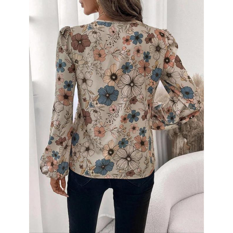 Women's Floral Print Notched Collar Shirt Elegant