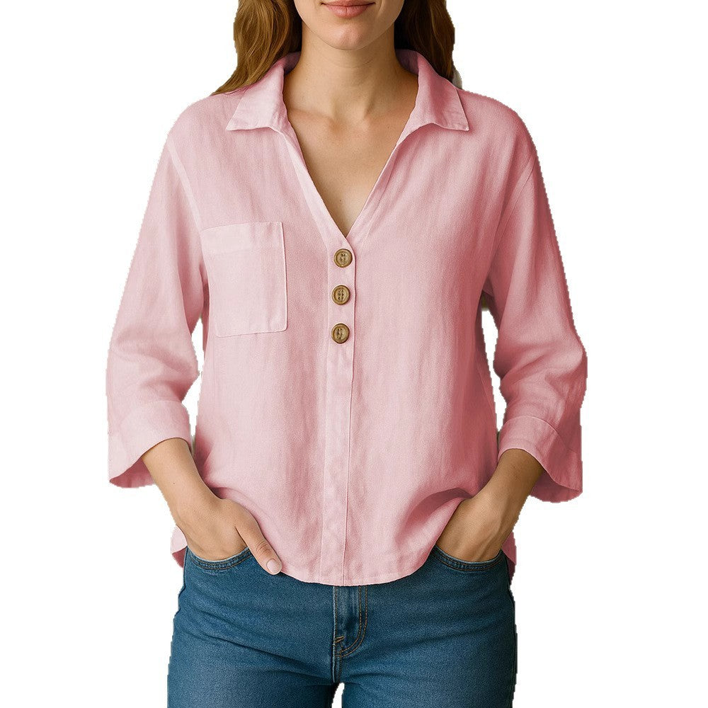 Spring Summer Lapels Solid Color Loose Shirt