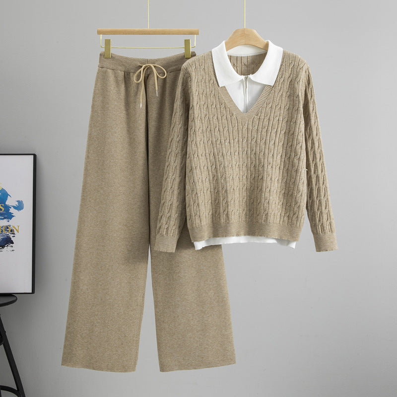 Cable-knit Sweater Polo Collar Knitwear Wide Leg Pants Two-piece Set