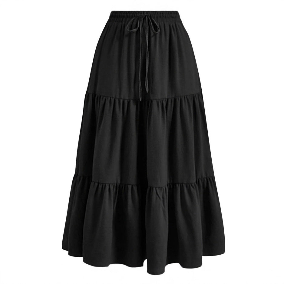 European And American Solid Color Stitching Ruffle Elastic Pocket Skirt