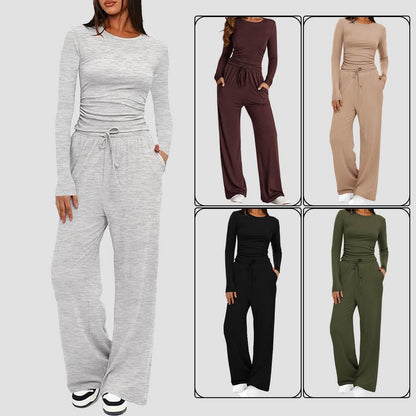 2 Pieces Women's Suit Autumn Winte Long Sleeve Tops High Waisted Wide Leg Pants Sportswear Female Clothes Solid Color Casual Suit - G-daat
