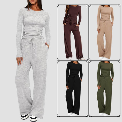 2 Pieces Women's Suit Autumn Winte Long Sleeve Tops High Waisted Wide Leg Pants Sportswear Female Clothes Solid Color Casual Suit - G-daat