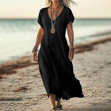 Loose Solid Color And V-neck Cotton And Linen Dress - G-daat