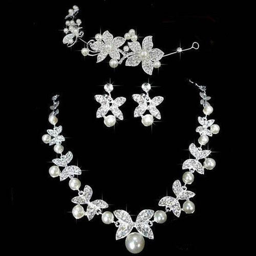 Butterfly Bridal Jewelry Set Chain Pearl Jewelry Three Piece Bridal Soft Chain Headdress Bridal Jewelry Set - G-daat