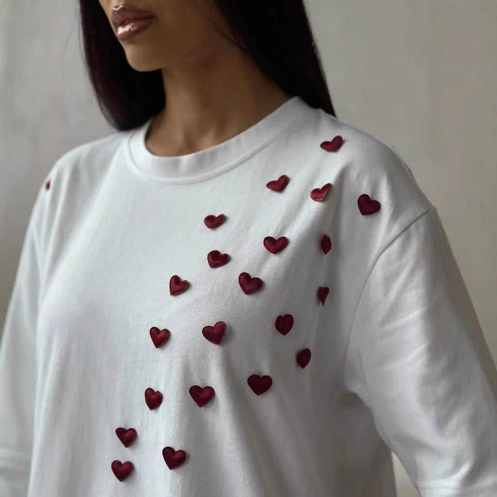 Women's Love Embroidered Casual Round Neck Short Sleeves