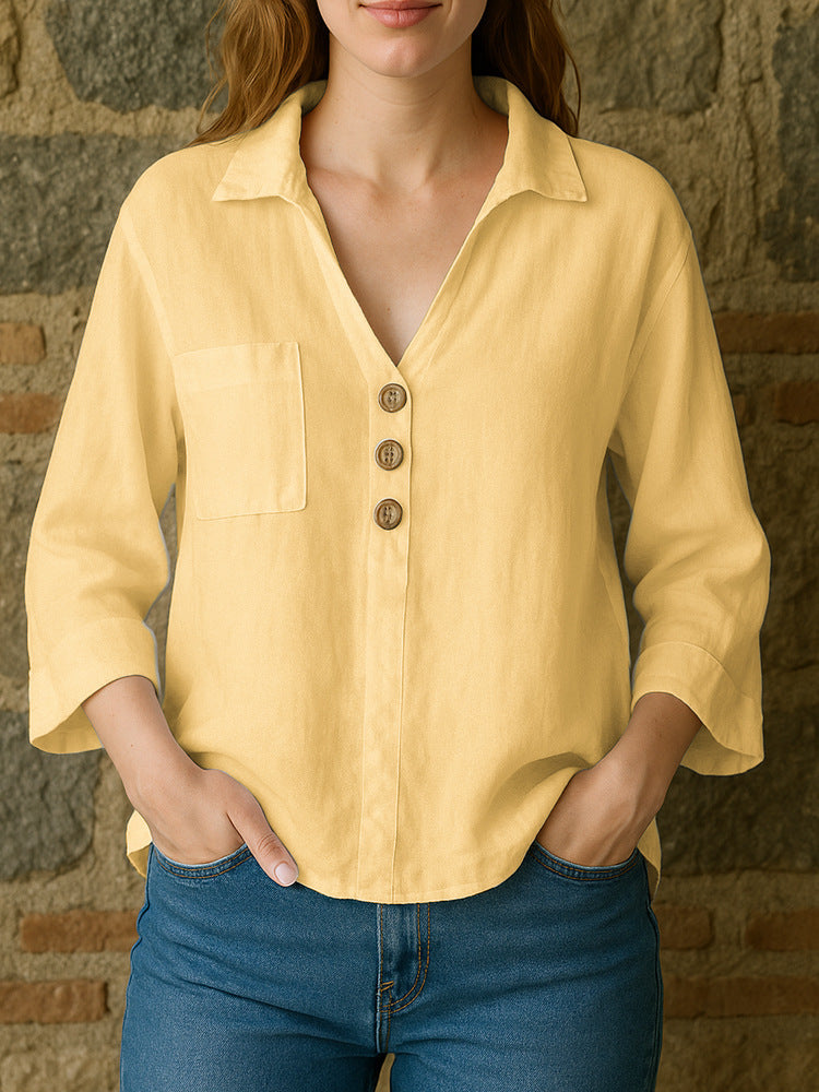 Spring Summer Lapels Solid Color Loose Shirt