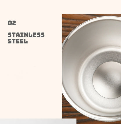 Stainless steel container on a wooden surface with '02 Stainless Steel' text.