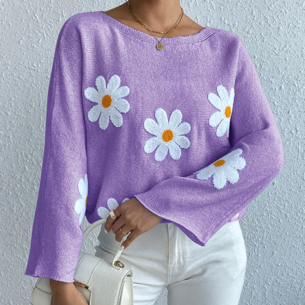 Sweet Flowers Loose Knitted Sweater For Women