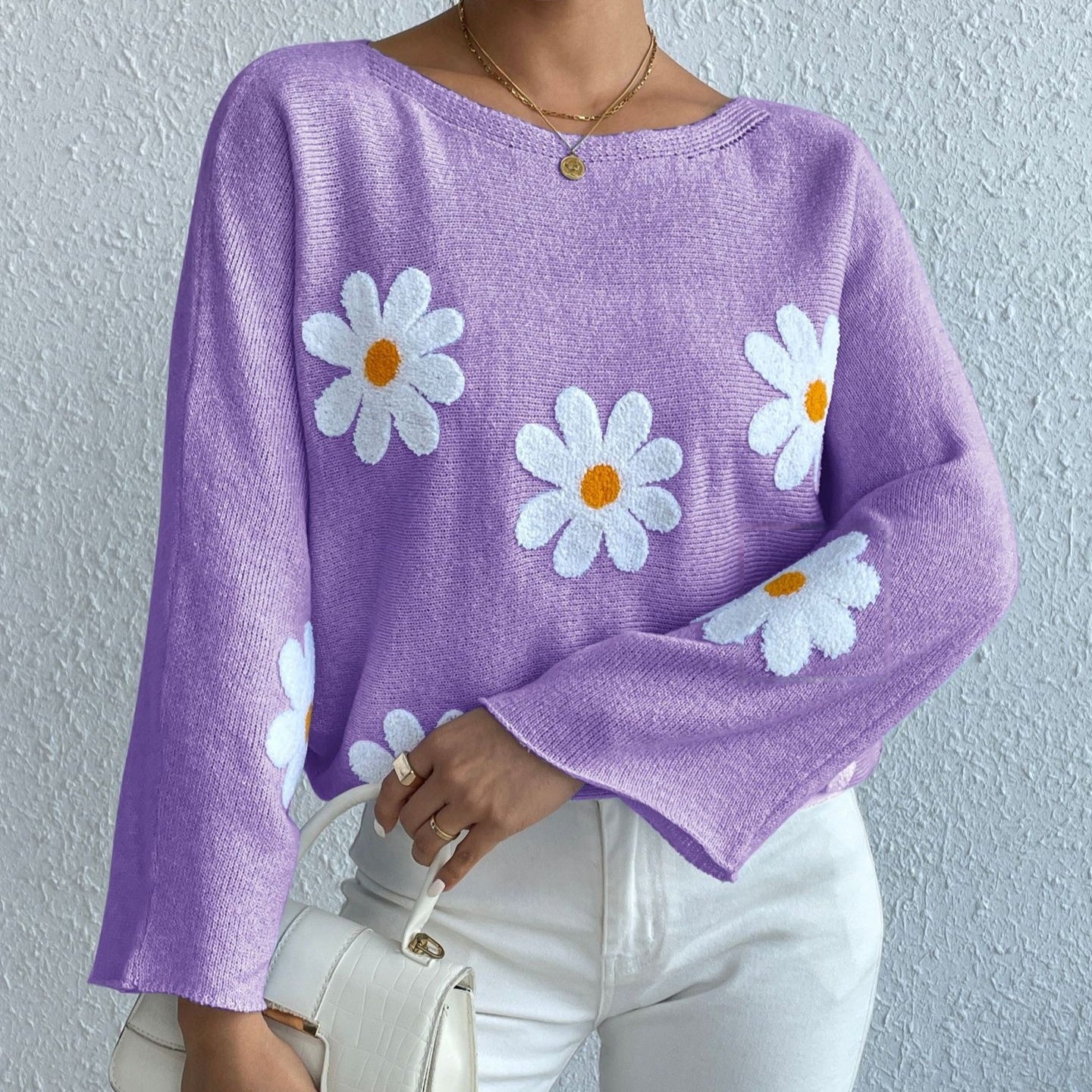 Sweet Flowers Loose Knitted Sweater For Women