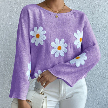 Sweet Flowers Loose Knitted Sweater For Women