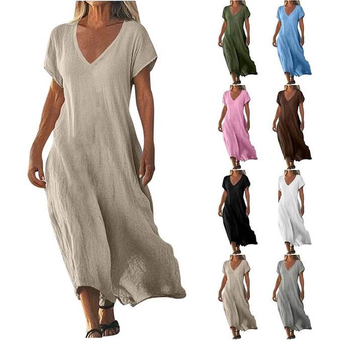 Loose Solid Color And V-neck Cotton And Linen Dress - G-daat