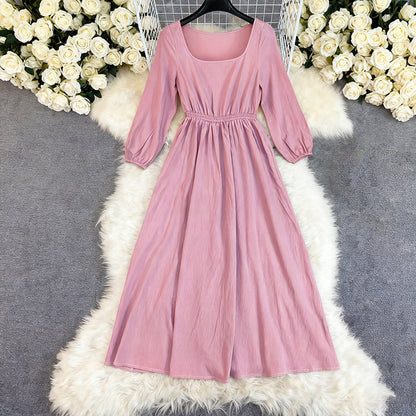 Women's Off-neck Retro Solid Color Long Sleeve Big Hem Dress