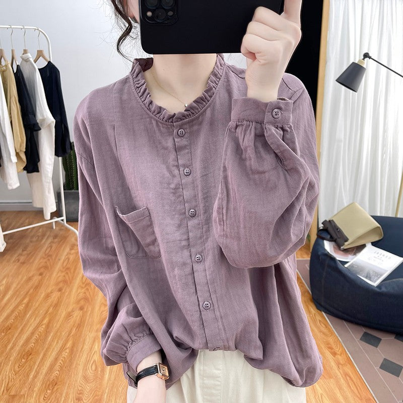 Women's Long-sleeved Cotton And Linen Loose Youthful-looking Ruffled Collar Shirt