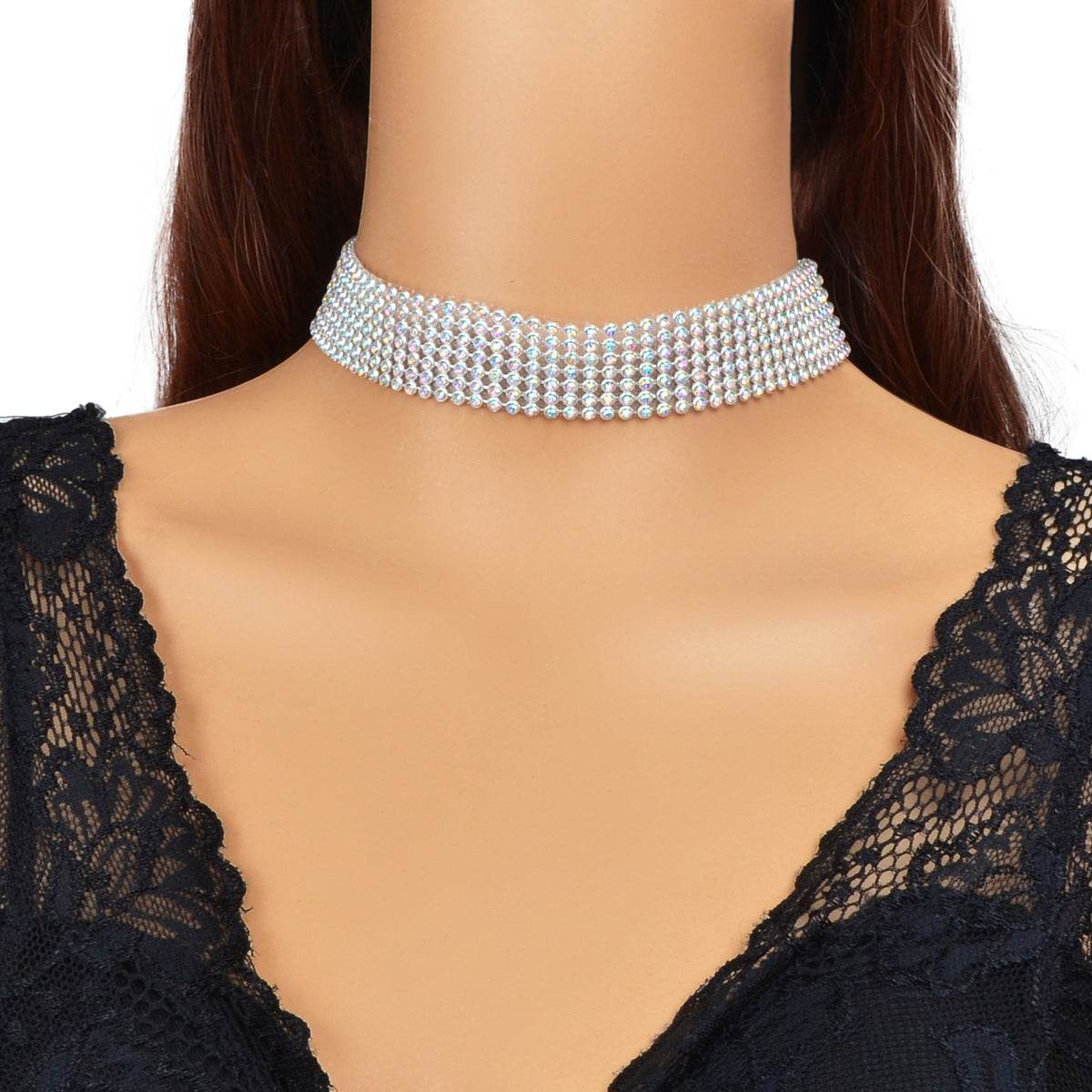 Sparkly Silver Wide Rhinestone Choker Necklace Festival Collar Neck Jewellery - G-daat