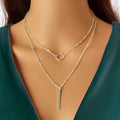Double Layer Silver Chain Y Style Square Bar Pendant Necklace Party Accessories - G-daat