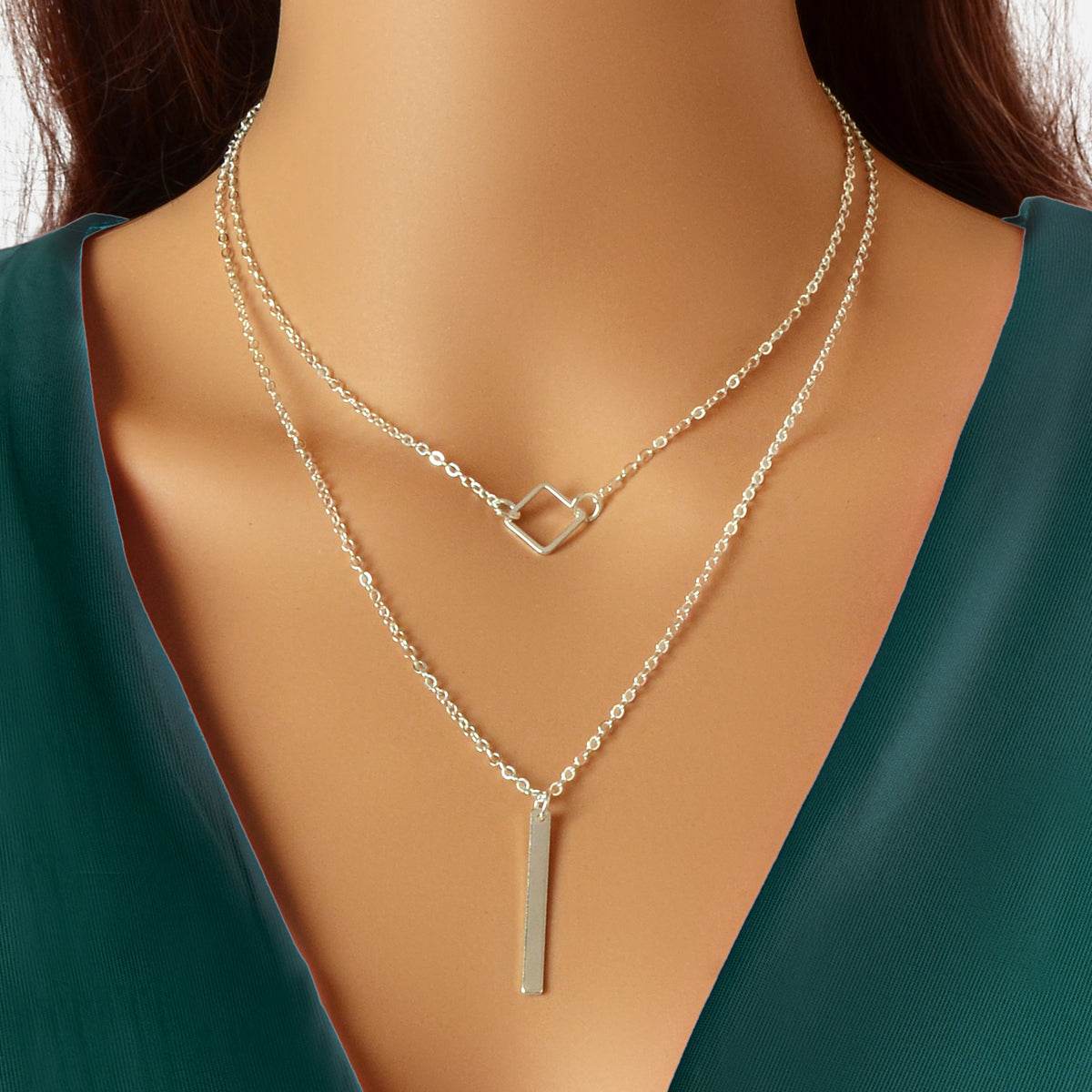Double Layer Silver Chain Y Style Square Bar Pendant Necklace Party Accessories - G-daat