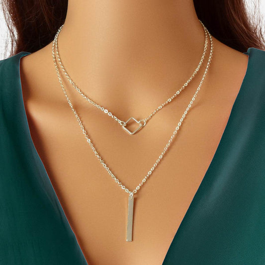 Double Layer Silver Chain Y Style Square Bar Pendant Necklace Party Accessories - G-daat