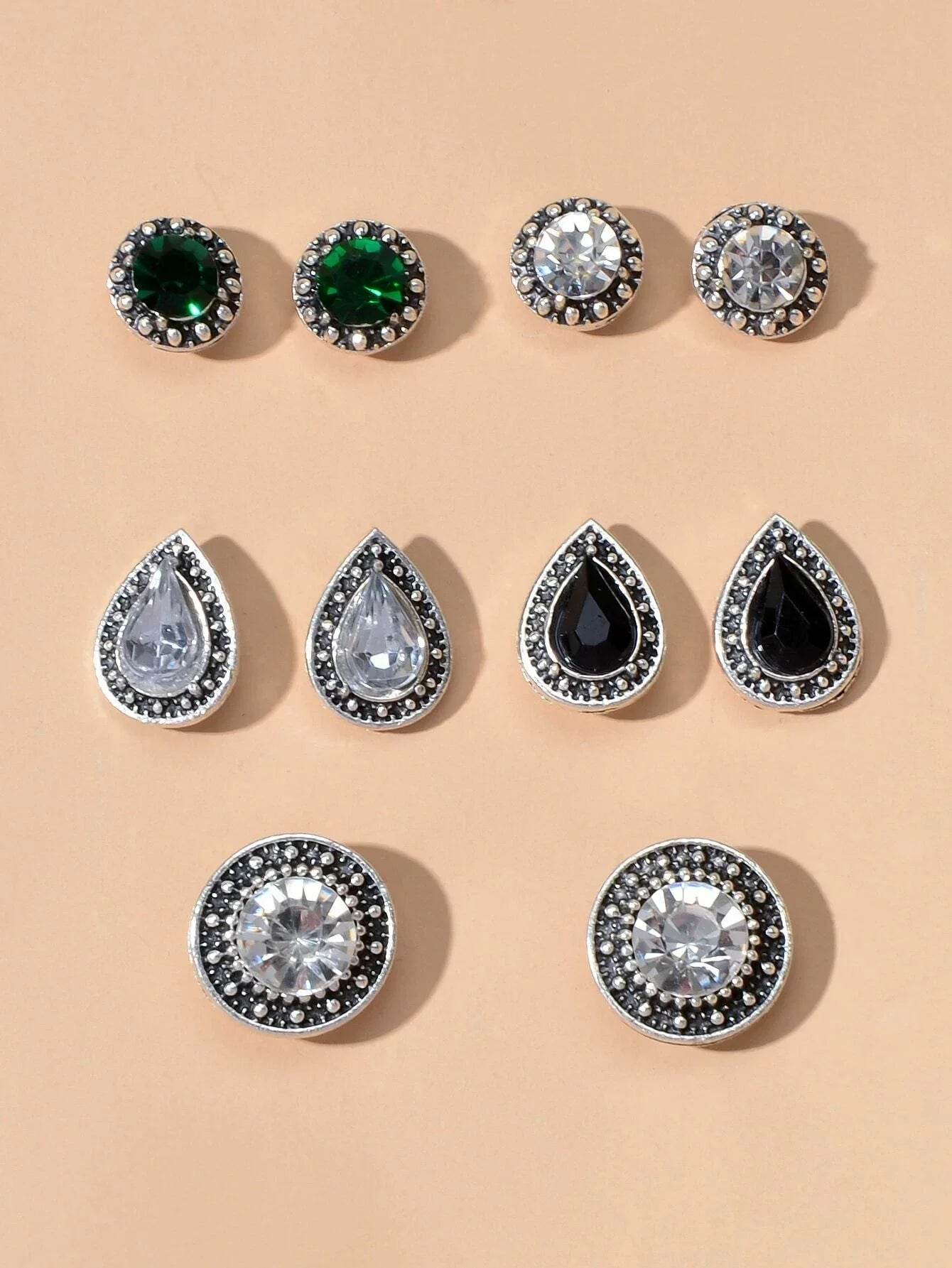 5 pairs Vintage Jewellery Shining Rhinestone Round Water Drop Stud Earrings Set - G-daat