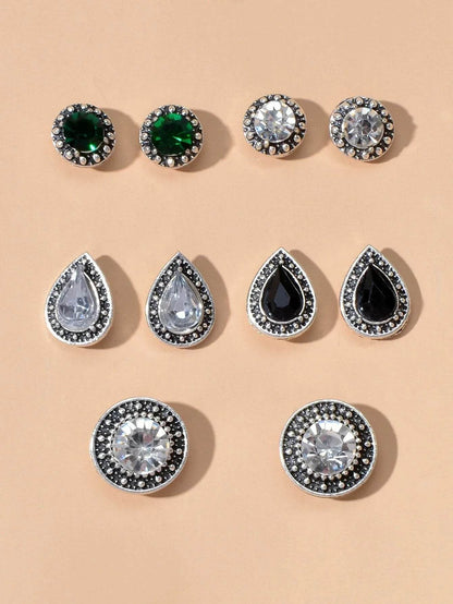 5 pairs Vintage Jewellery Shining Rhinestone Round Water Drop Stud Earrings Set - G-daat