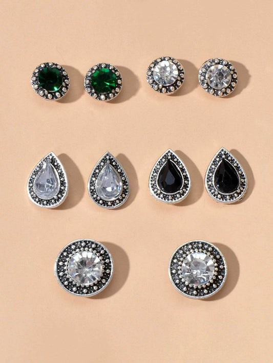 5 pairs Vintage Jewellery Shining Rhinestone Round Water Drop Stud Earrings Set - G-daat