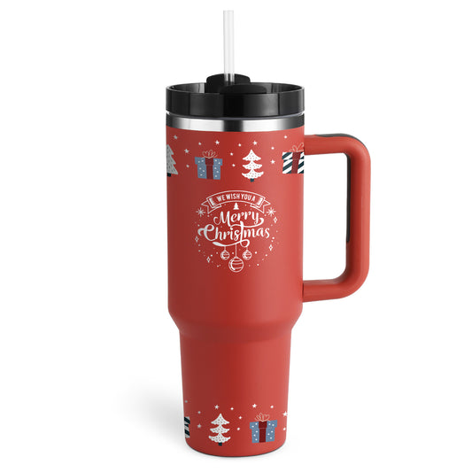 Red travel mug with Christmas design and 'Merry Christmas' text on a white background