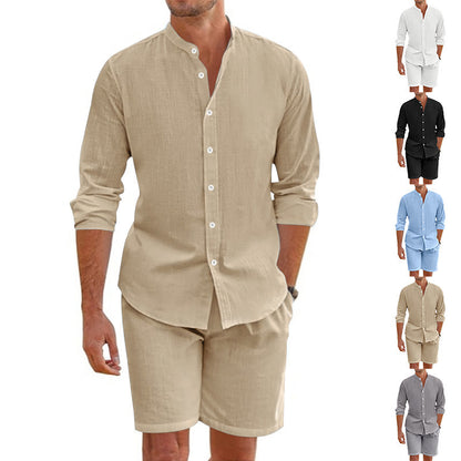 Man wearing a beige button-up shirt and shorts with multiple color options displayed.