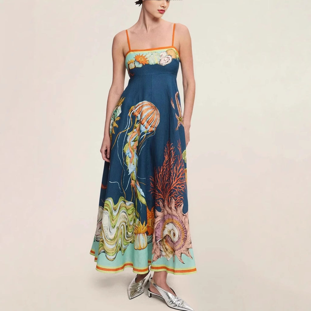 High-waisted Cotton-linen Printed Camisole Casual Fashionable Dress