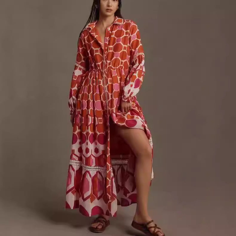 Women's Floral Print Long-sleeved Shirt Dress