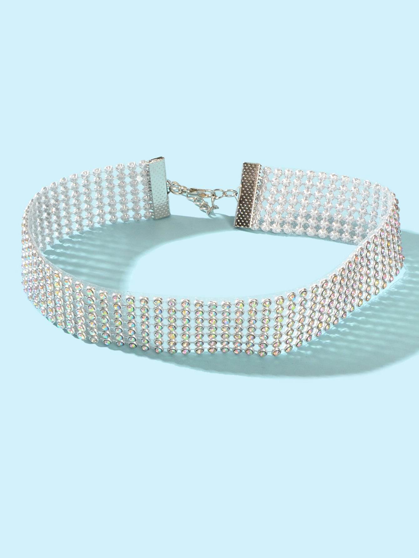 Sparkly Silver Wide Rhinestone Choker Necklace Festival Collar Neck Jewellery - G-daat