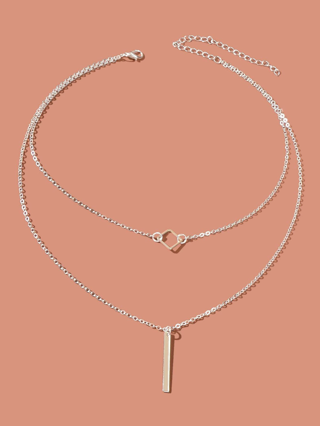 Double Layer Silver Chain Y Style Square Bar Pendant Necklace Party Accessories - G-daat