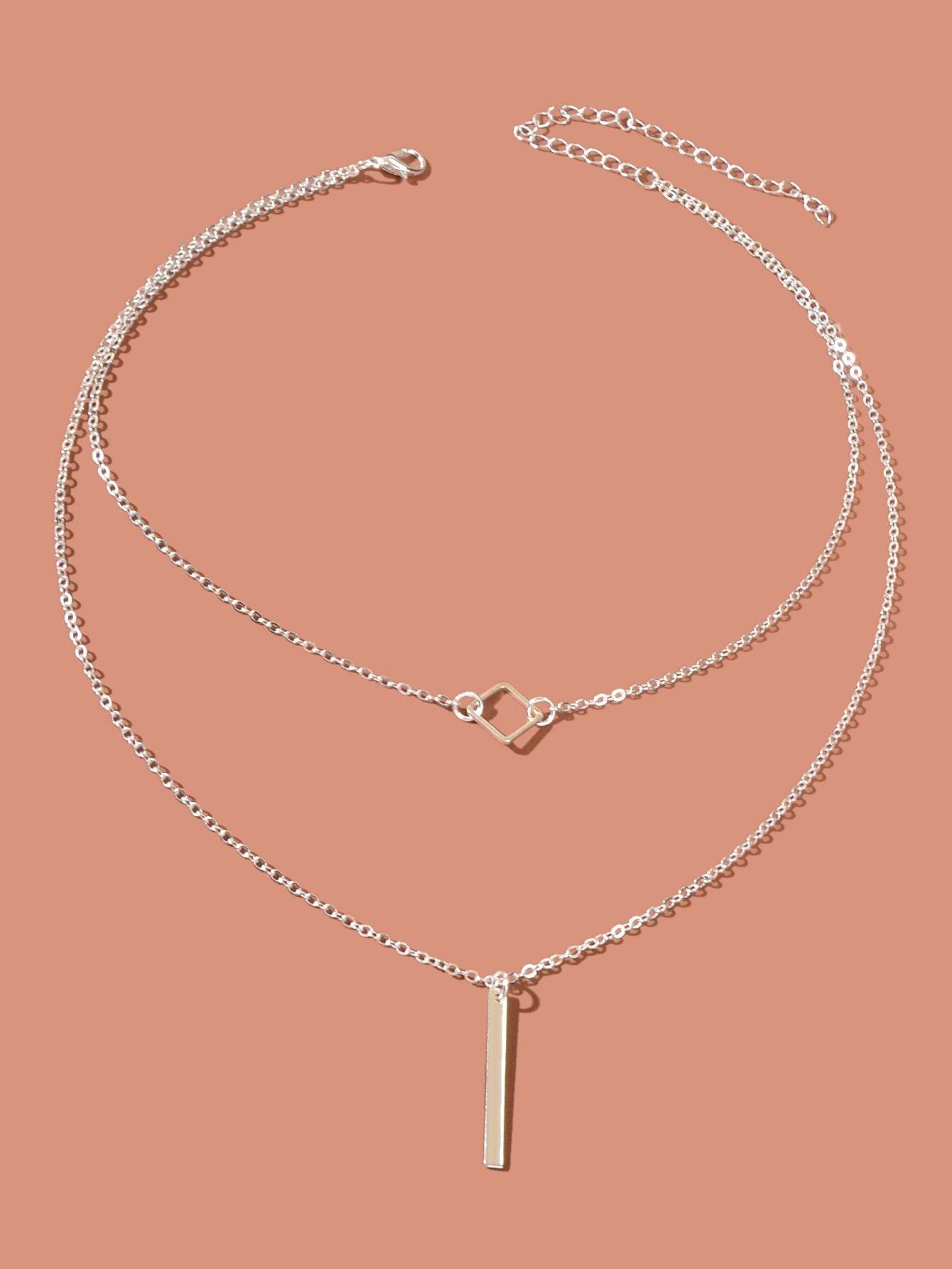 Double Layer Silver Chain Y Style Square Bar Pendant Necklace Party Accessories - G-daat