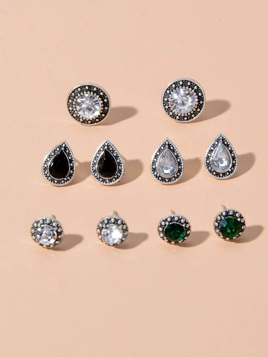 5 pairs Vintage Jewellery Shining Rhinestone Round Water Drop Stud Earrings Set - G-daat