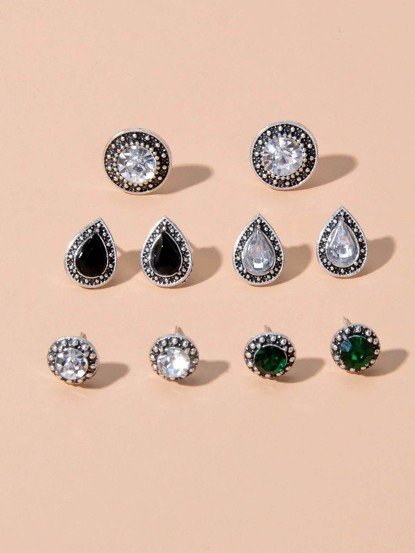 5 pairs Vintage Jewellery Shining Rhinestone Round Water Drop Stud Earrings Set - G-daat