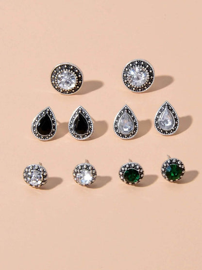 5 pairs Vintage Jewellery Shining Rhinestone Round Water Drop Stud Earrings Set - G-daat