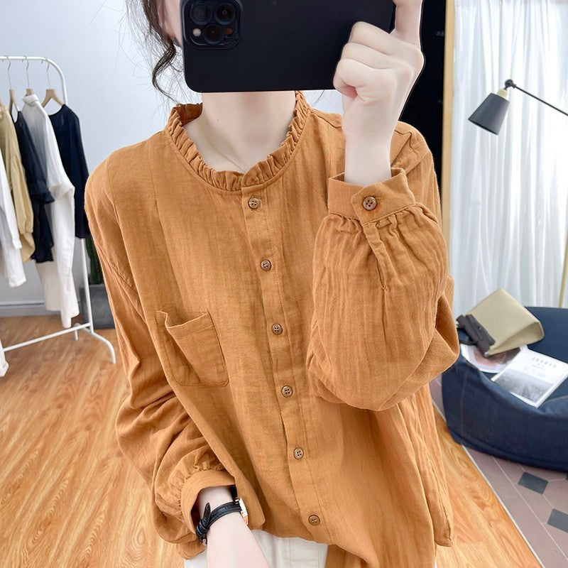 Women's Long-sleeved Cotton And Linen Loose Youthful-looking Ruffled Collar Shirt
