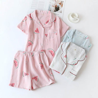 Summer Cotton Crepe Pajamas Short-sleeved Shorts Small Fresh Can Be Worn Outside Ladies' Homewear - G-daat