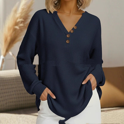 Casual Comfortable Loose Waffle Long Sleeve V-neck Women's Top