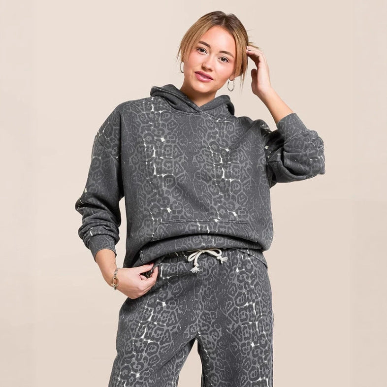 Fashionable Casual Hooded Sweatshirt And Wide Leg Pants Leopard Print Set