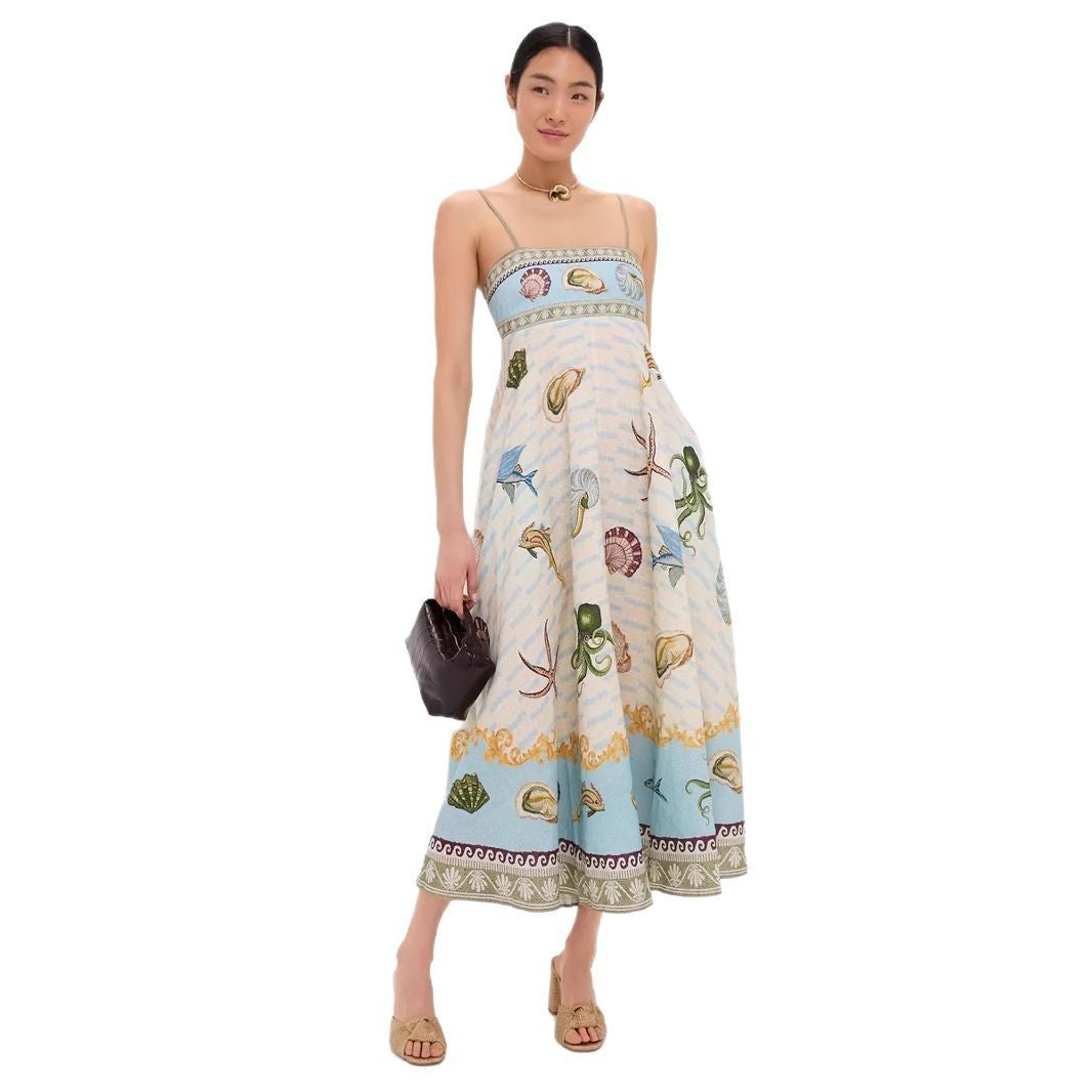 High-waisted Cotton-linen Printed Camisole Casual Fashionable Dress