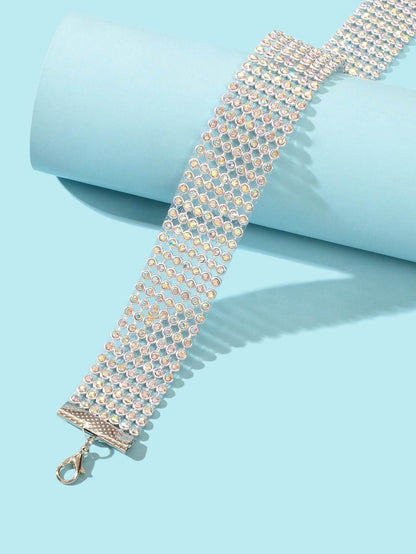 Sparkly Silver Wide Rhinestone Choker Necklace Festival Collar Neck Jewellery - G-daat