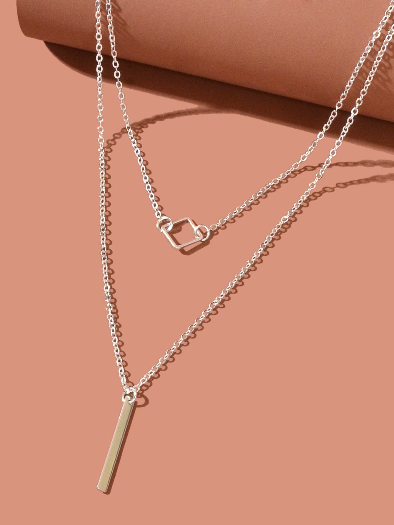 Double Layer Silver Chain Y Style Square Bar Pendant Necklace Party Accessories - G-daat