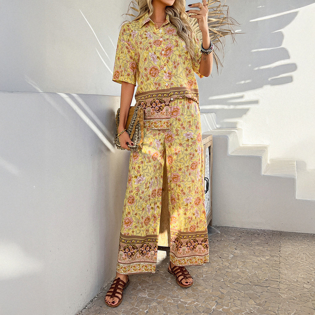 Contrast Color Bohemian Vacation Style Short Sleeve Long Pants