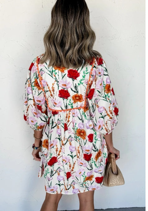 Beige Floral Print Puff Sleeve Ricrac Trim Mini Dress