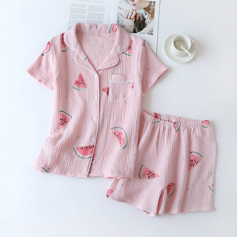 Summer Cotton Crepe Pajamas Short-sleeved Shorts Small Fresh Can Be Worn Outside Ladies' Homewear - G-daat