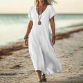 Loose Solid Color And V-neck Cotton And Linen Dress - G-daat
