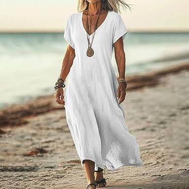 Loose Solid Color And V-neck Cotton And Linen Dress - G-daat