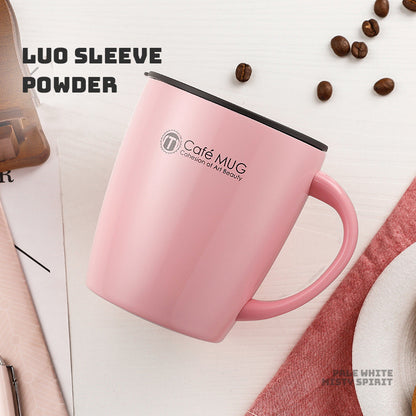 Pink mug with 'Café Mug' branding on a white background with coffee beans.