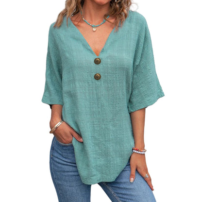Casual V-neck Short Sleeve Regular Pullover Multi-color Women's Button Top